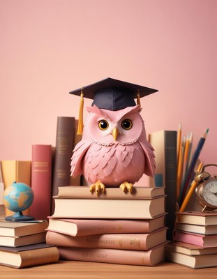 Pink owl graduate on stack of books