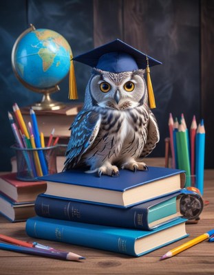 Owl graduate on stack of books