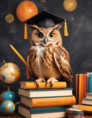 Owl in graduation cap with books