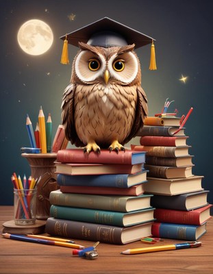 Owl graduate with books under moonlight