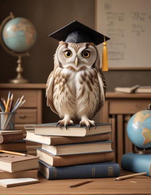 Owl graduate on stack of books