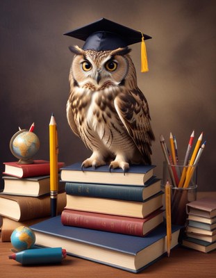 Owl in graduation cap on books