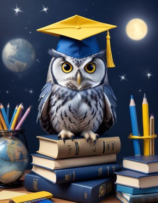 Owl graduate on books