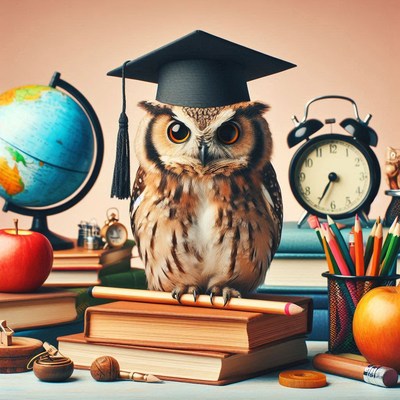 Owl graduate with books and supplies