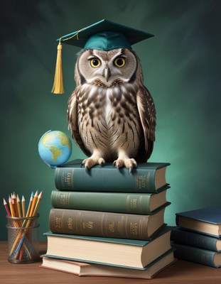 Owl graduate with books and globe