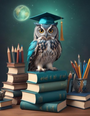 Graduated owl on books under moonlight