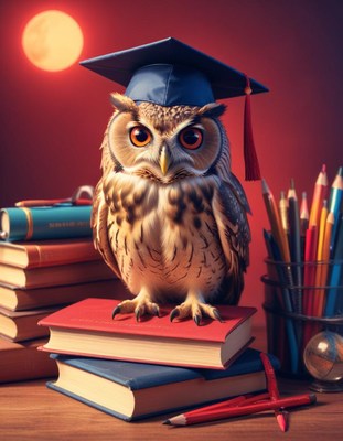 Owl graduate with books and pencils