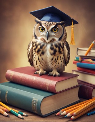 Owl graduate with books and pencils