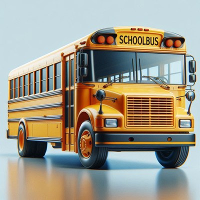 Yellow school bus parked on reflective surface