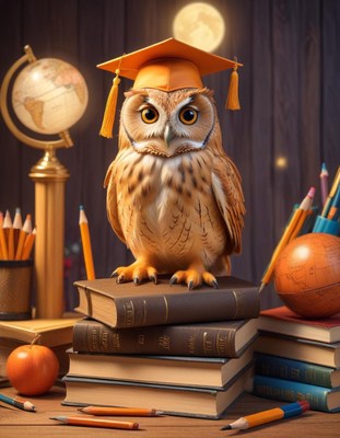 Graduated owl on books