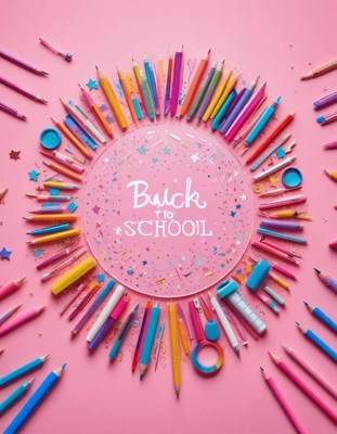 Colorful pencils around back to school sign