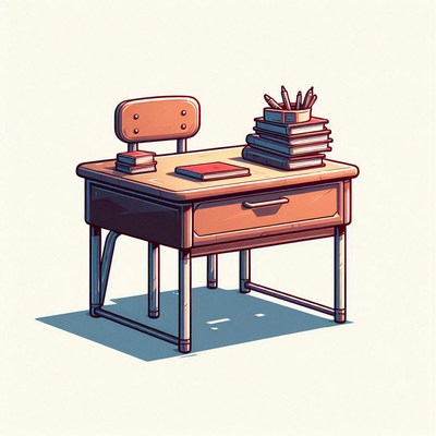 Empty classroom desk with supplies