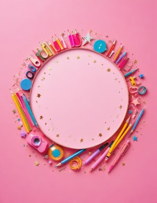 Pink back to school supplies circle