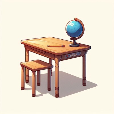 Wooden desk with globe and pencil