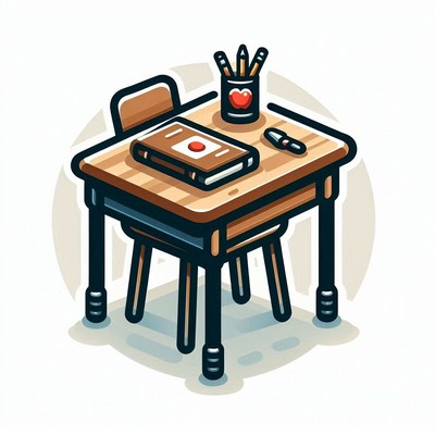 Classroom desk with book and pencils