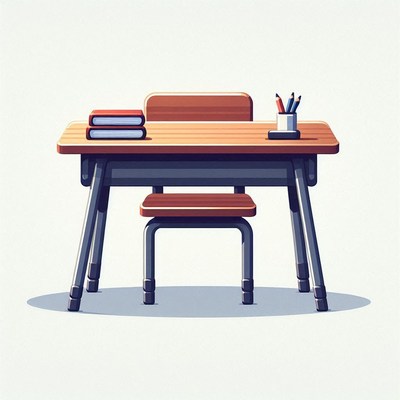 Empty classroom desk with supplies