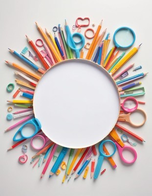 Colorful school supplies around circle