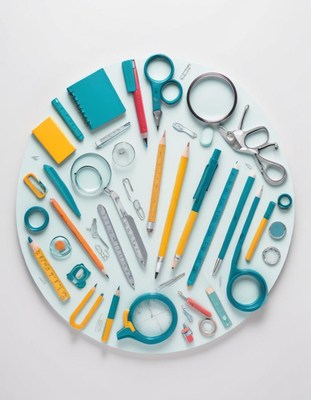 Blue and yellow school supplies on white background