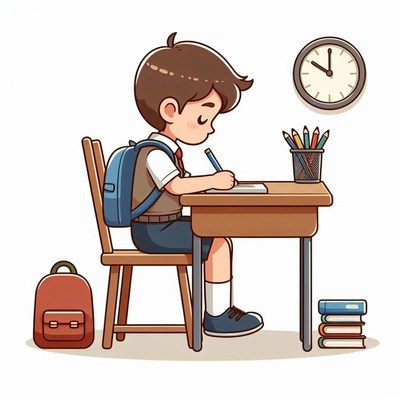 Boy writing at desk in classroom
