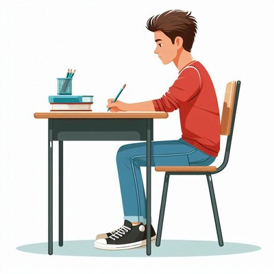 Student writing at desk