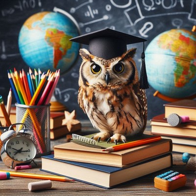 Wise owl wearing graduation cap surrounded by books