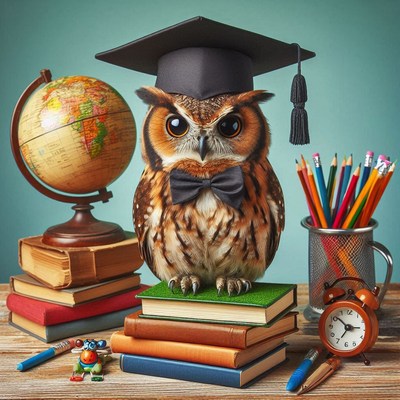 Wise owl graduation setup with globe and books