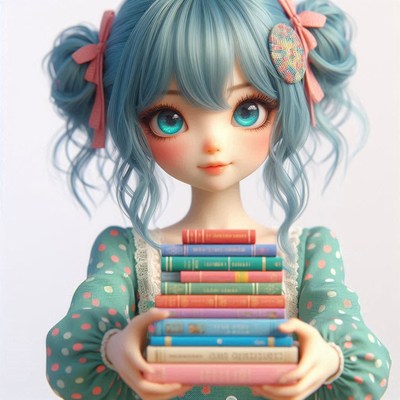 Girl holding books in pastel dress with blue hair