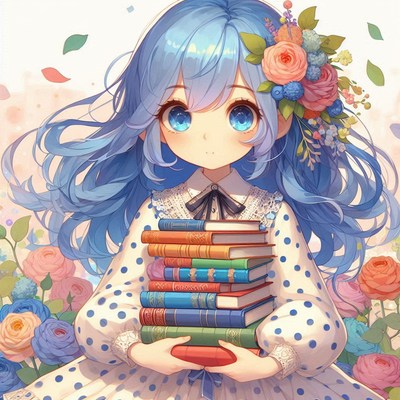 Young girl with blue hair holding books among flowers