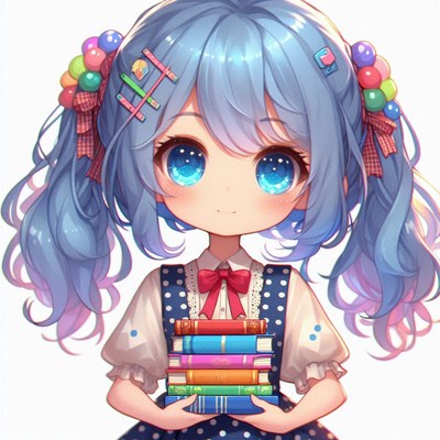 Girl with blue hair holding books in cute outfit