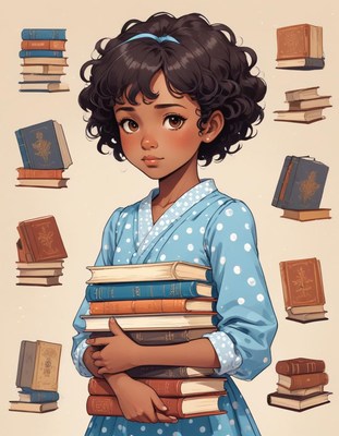 Young girl in blue dress holding stack of books