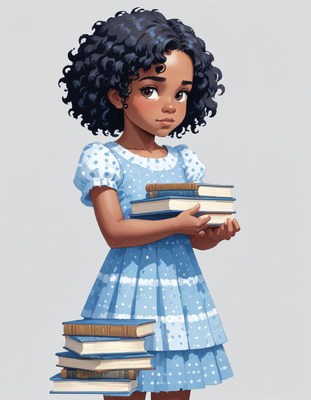 Girl holding books in blue dress with curly hair