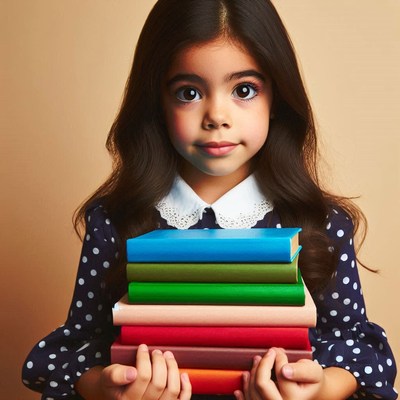 Girl holding stacked colorful books against plain background