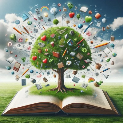 Tree of knowledge growing from an open book
