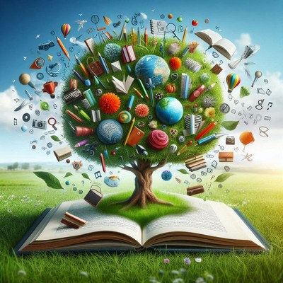 Knowledge blossoms from an open book under a bright sky