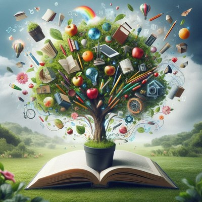 Creative tree growing from open book with various icons