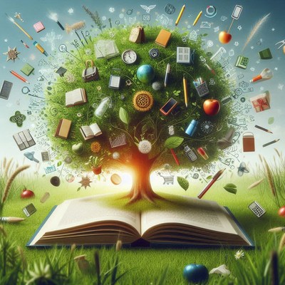 Creative tree with books and learning tools in nature