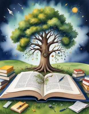 Enchanted tree growing from open book in nature