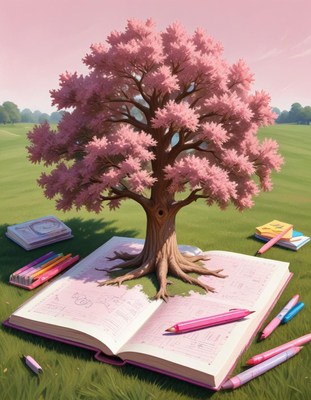 Pink tree growing from open book on grass field