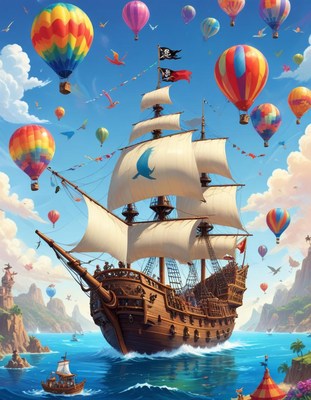 Pirate ship sailing through hot air balloons in sunny sky