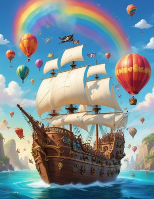 Colorful hot air balloons above a pirate ship at sea