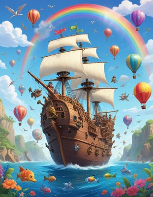 Colorful hot air balloons over a grand pirate ship