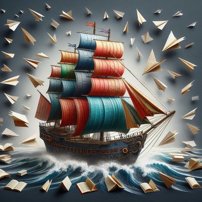 Colorful ship sailing through waves of paper