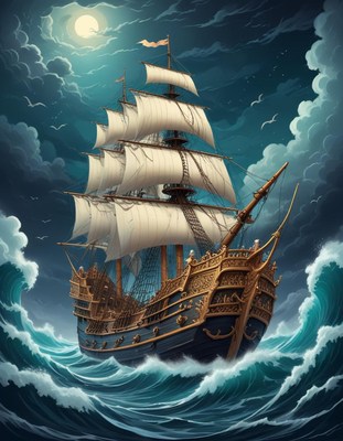 Majestic ship sailing through turbulent ocean waters