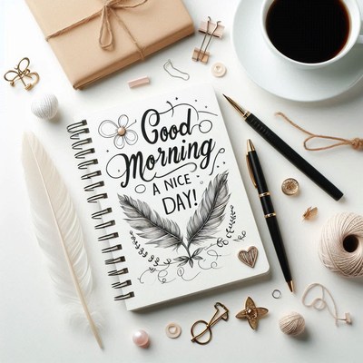 Morning desk flat lay with notebook and coffee