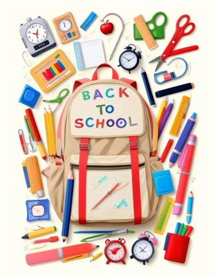 Colorful backpack surrounded by school supplies