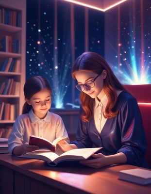 Woman reading to girl at night in cozy library