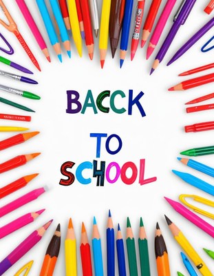 Back to school supplies arrangement with colorful pens