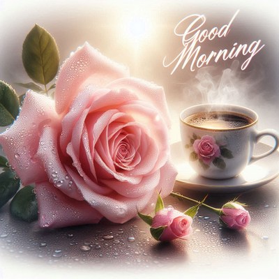 Morning coffee with a pink rose and dew drops
