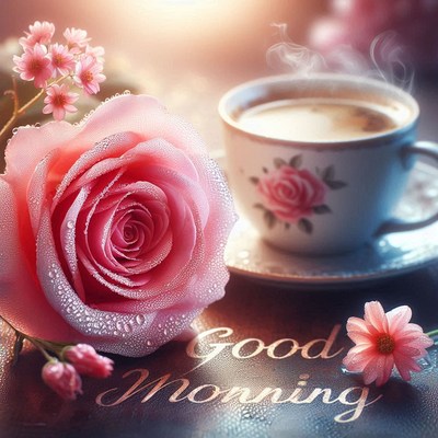 Morning coffee with pink rose in soft light