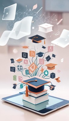 Graduation cap surrounded by educational icons